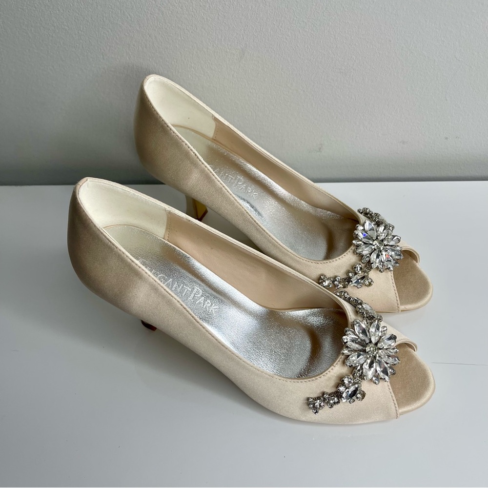 Elegant Park Peep Toe Champagne Color Satin Heel With Crystal  Size 37 2.5” Heel